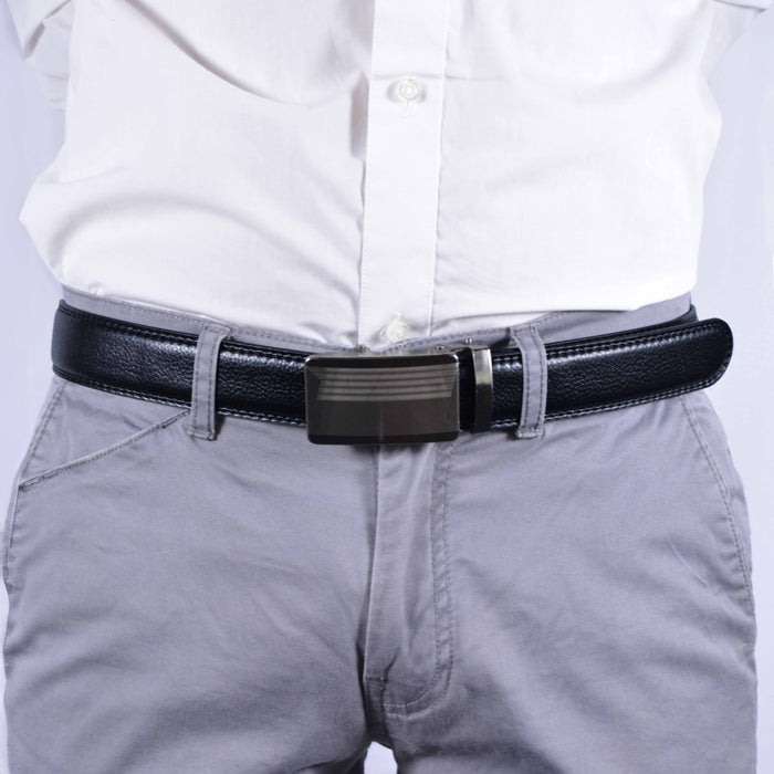 Cinturón Hombre automático Negro Hebilla Plateada Lineas