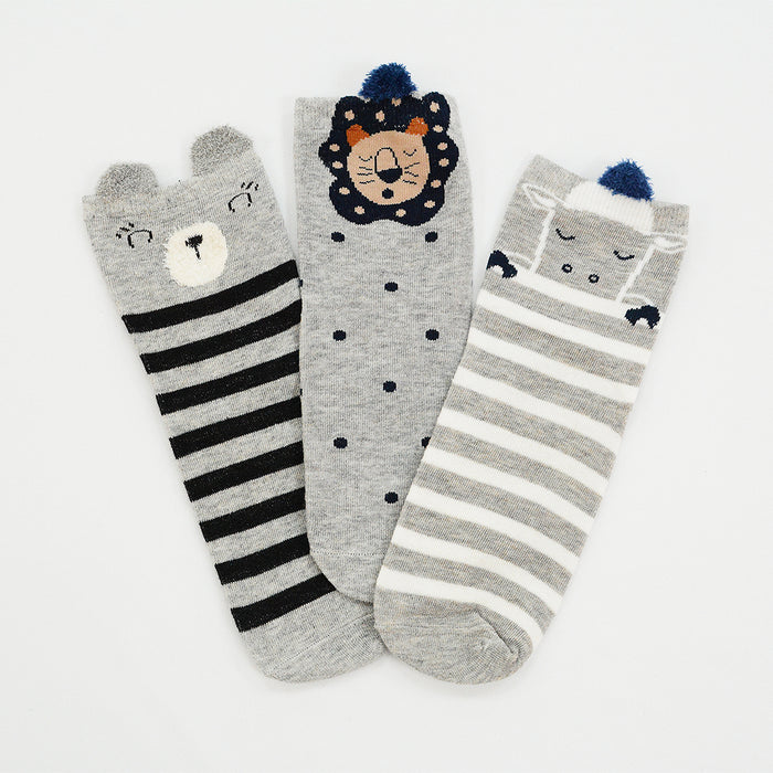 Pack 3 calcetines media pierna animales rayas vaca leon conejo 1847