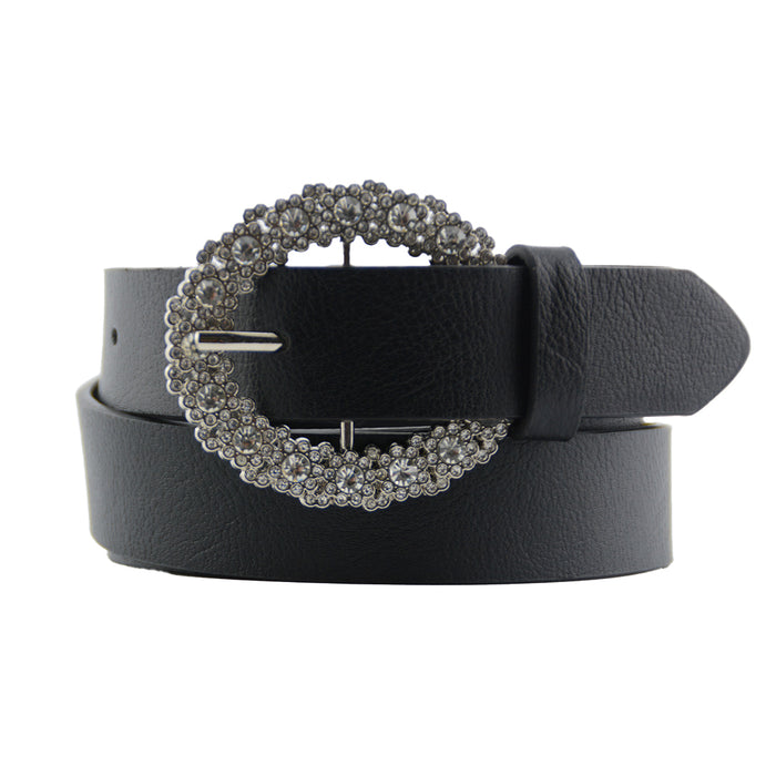 Cinturon Sintetico Liso negro brillos plateado 3838-1