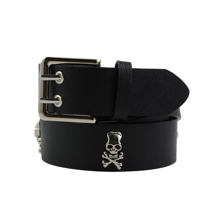 Cinturon calavera negro sintetico hebilla cuadrado plateado 3971