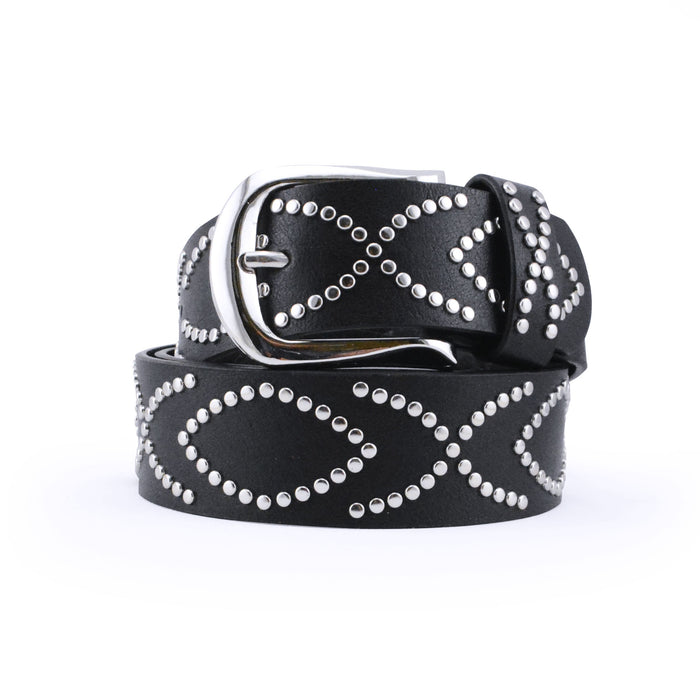 Portada cinturon sintetico negro mini tachas redondas hebilla plateada