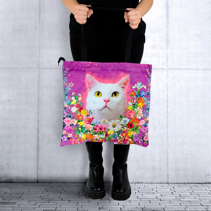 Portada gato blanco floral Bolso lona cuadrado modelo 3896