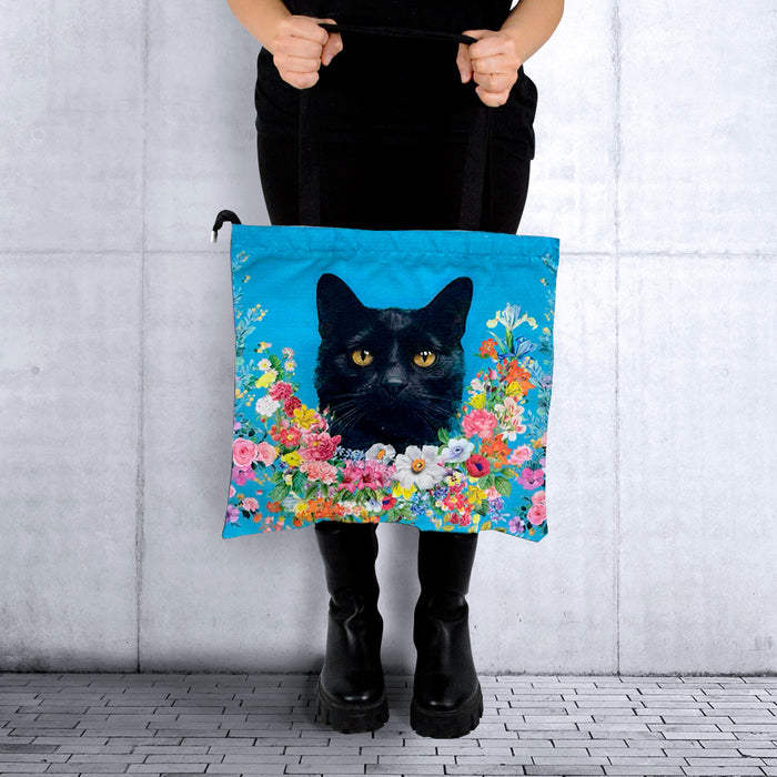 Portada gato negro floral Bolso lona modelo cuadrado 3895