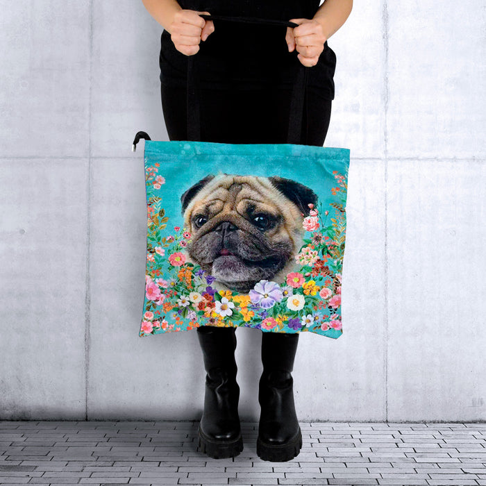 Portada perro pug floral Bolso lona cuadrado modelo 3904