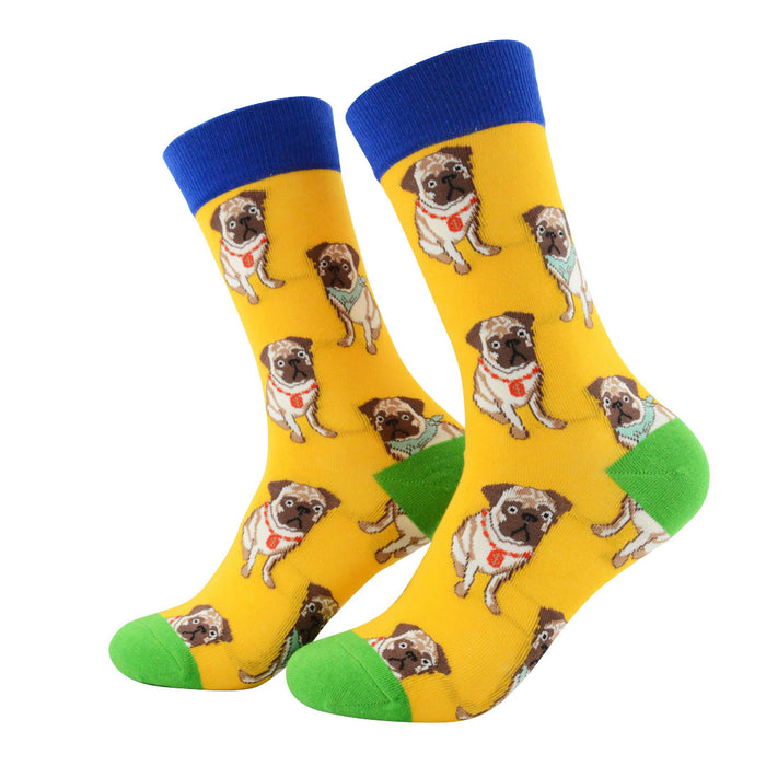 calcetin algodon perro pug fondo amarillo