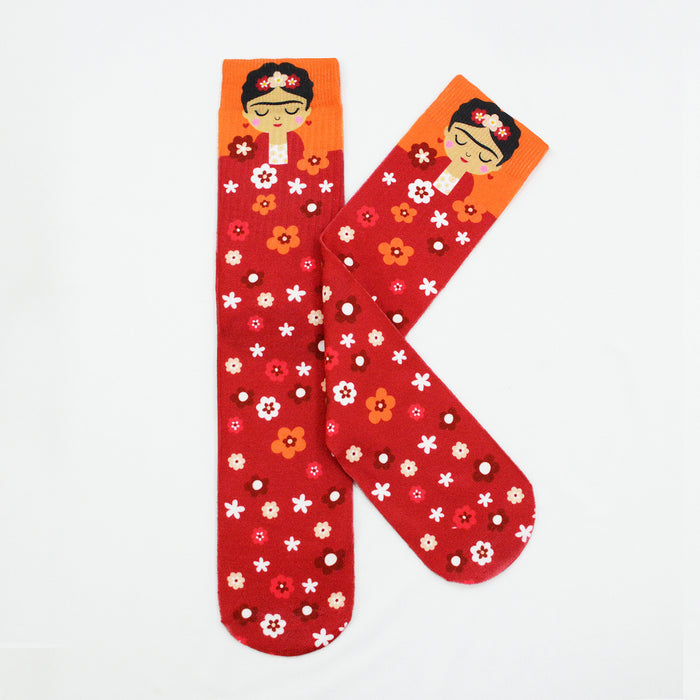 calcetin sublimado frida khalo flores rojo naranjo poliester 3D-21