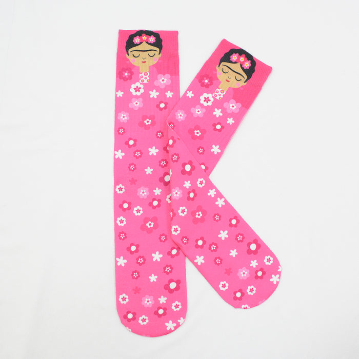 calcetin sublimado frida khalo flores rosado claro poliester 3D-15