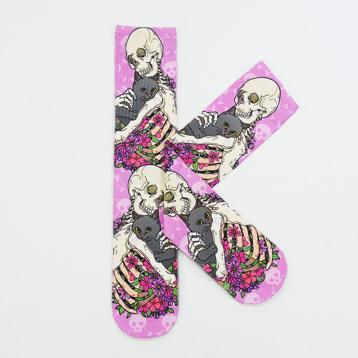 calcetin sublimado largo calaveras acariciando gato poliester 3D-81