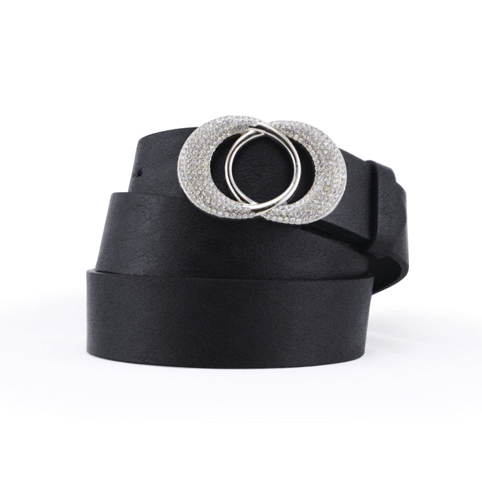 cinturon liso negro sintetico hebilla circular strass brillo correa 3196