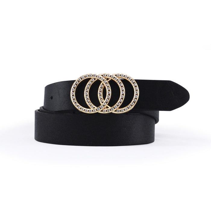 cinturon sintetico correa strass brillo 3 circulos negro hebilla dorada 3081