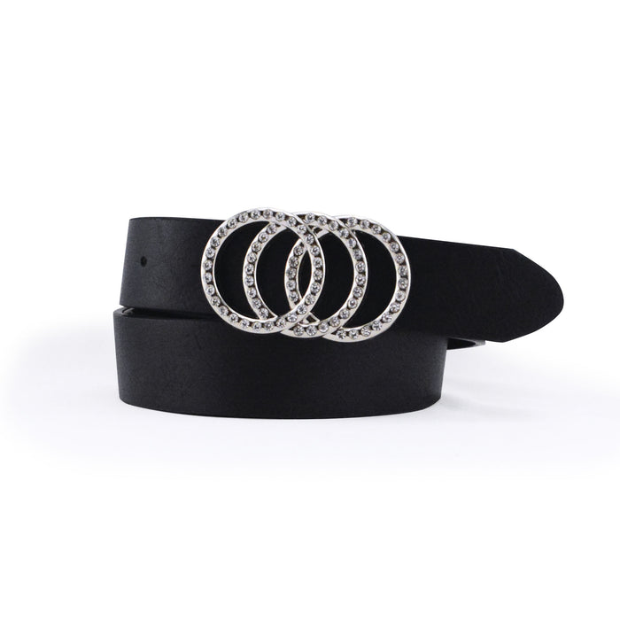 cinturon sintetico correa strass brillo 3 circulos negro hebilla plateada 3082