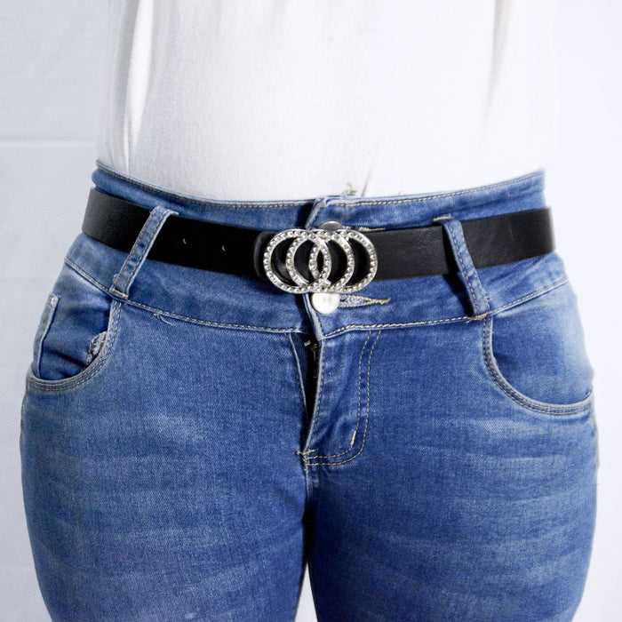 cinturon sintetico correa strass brillo 3 circulos negro hebilla plateada modelo 3082