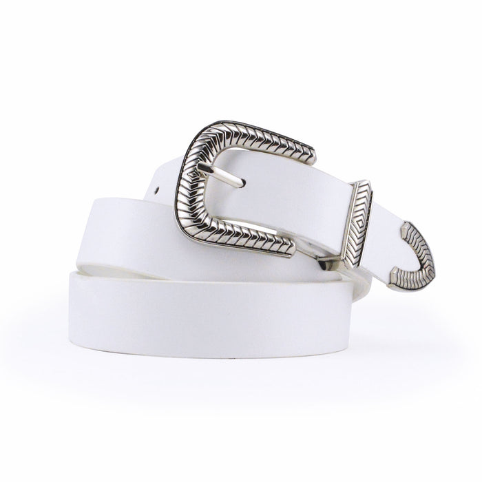 cinturon sintetico liso hebilla plateado correa blanco punta metal 3071