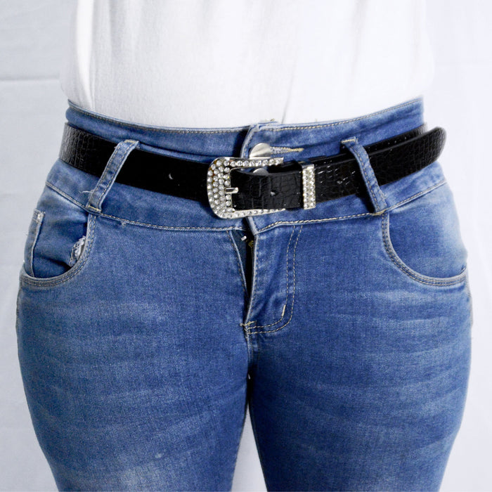 cinturon sintetico negro strass brillo texturizada mujer modelo 3074