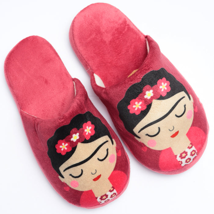 portada pantuflas frida khalo antideslizante invierno guinda rojo claro