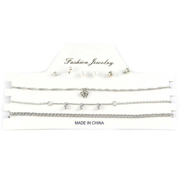 set 3 collares choker aros accesorios moda tornasol plateado corazon strass brillo 3006-1