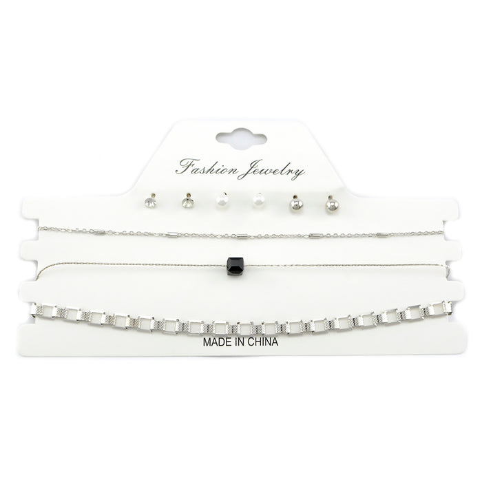 set 3 collares choker aros accesorios moda tornasol plateado cuadrado negro 3020-1