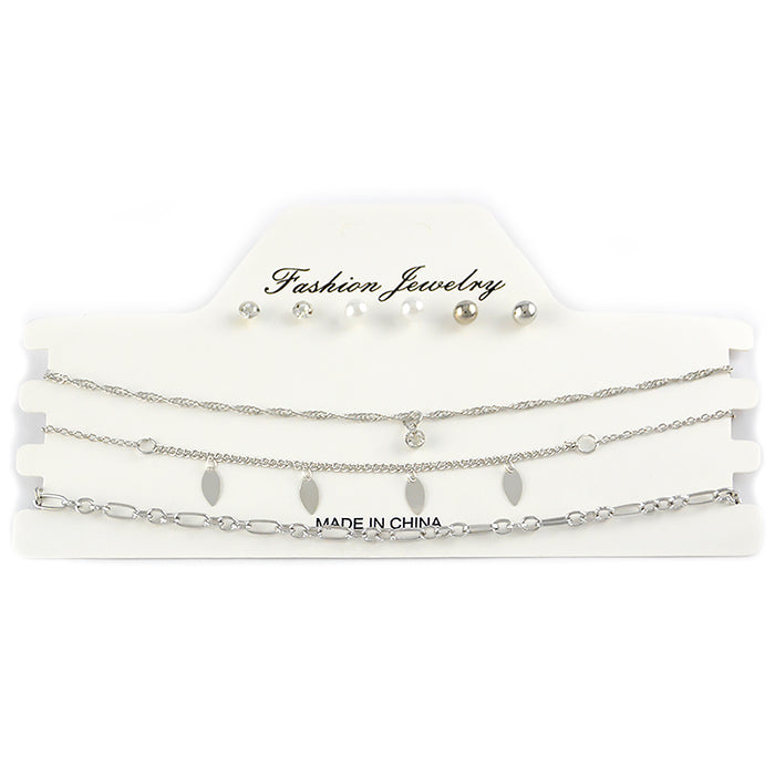 set 3 collares choker aros accesorios moda tornasol plateado hojas 3008-1