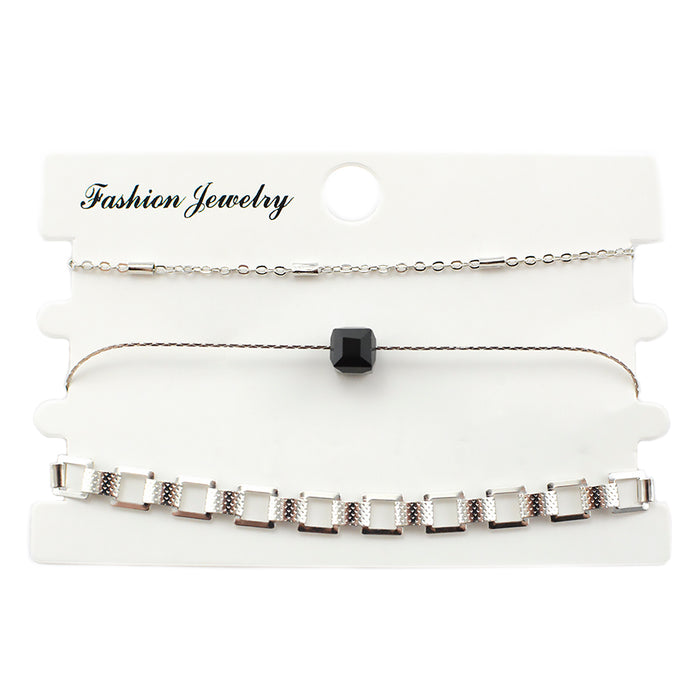 set 3 pulseras tobilleras accesorios moda tornasol plateado cuadrado negro 3045-1