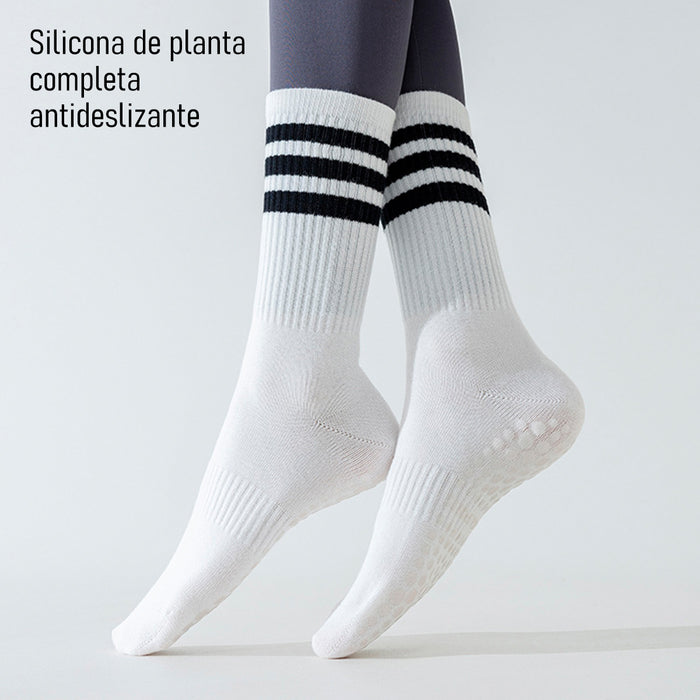 Calcetín Deportivo Yoga Antideslizante Ajustable Blanco 3 Rayas