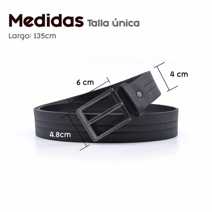 Cinturón Hombre Negro Hebilla Cuadrada Cromada Costura