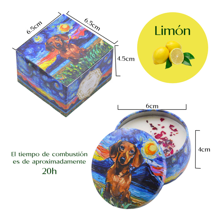 Vela Aromática Limón Perro Salchicha Café Pintura