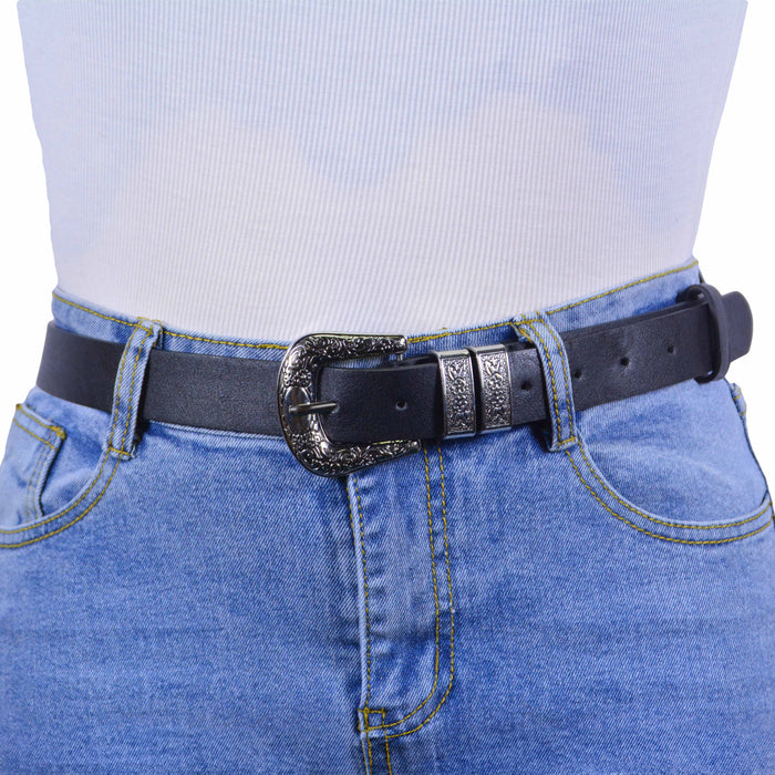 Cinturón Mujer Negro Hebilla Plateada 2 Pasadores