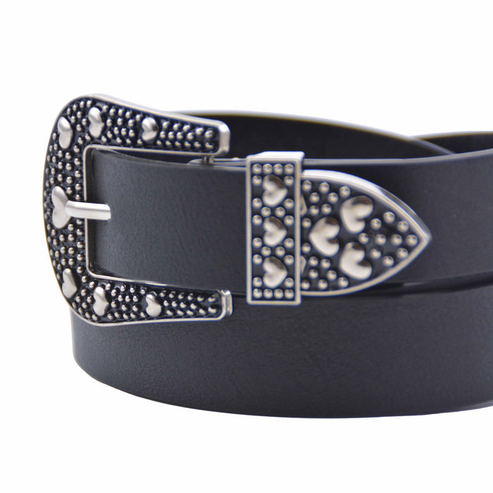 Cinturón Mujer Negro Hebilla Plateada Corazones