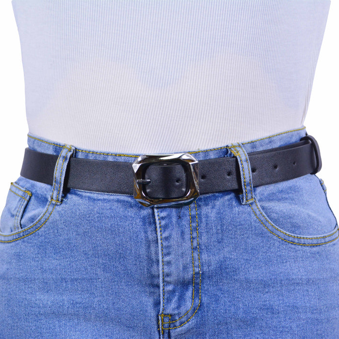 Cinturón Mujer Negro Hebilla Rectangular Clásica Plateada