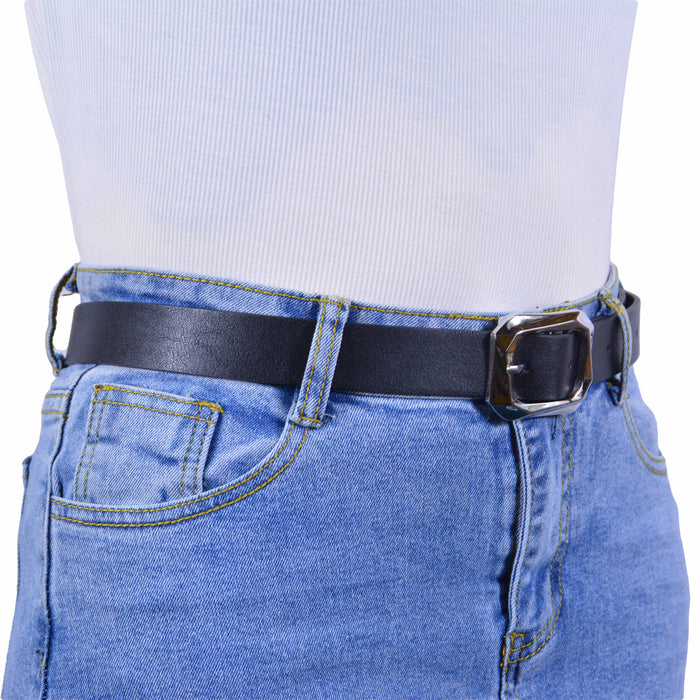 Cinturón Mujer Negro Hebilla Rectangular Clásica Plateada