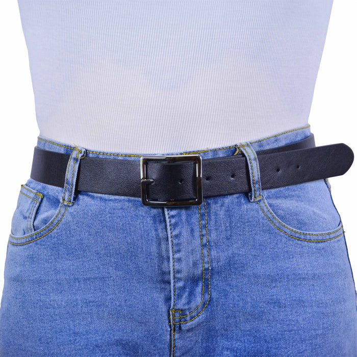 Cinturón Mujer Negro Hebilla Rectangular Clásica Plateada