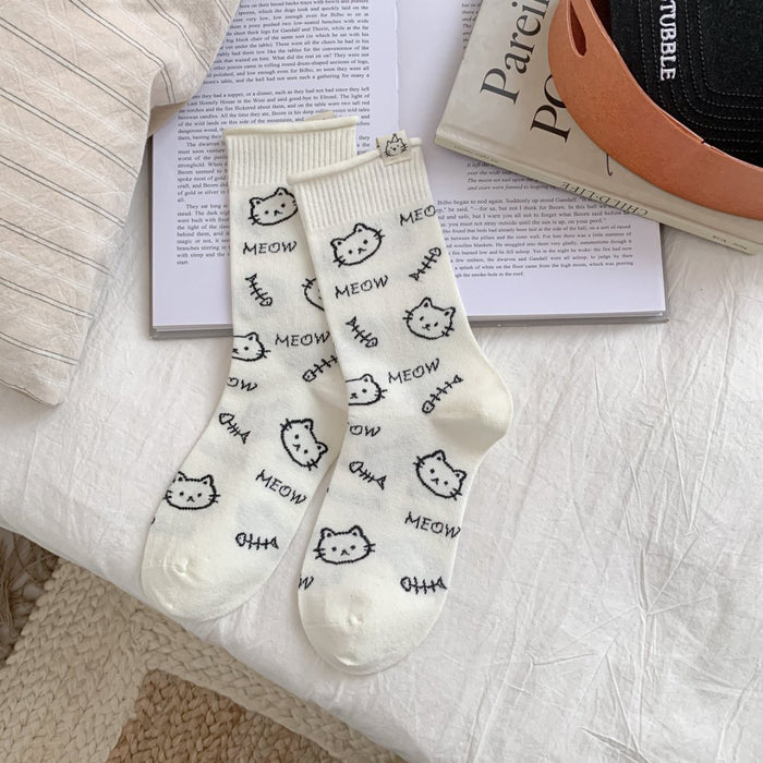 Calcetines Pecesitos Caras de Gatitos Blanco Meow