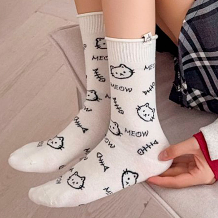 Calcetines Pecesitos Caras de Gatitos Blanco Meow