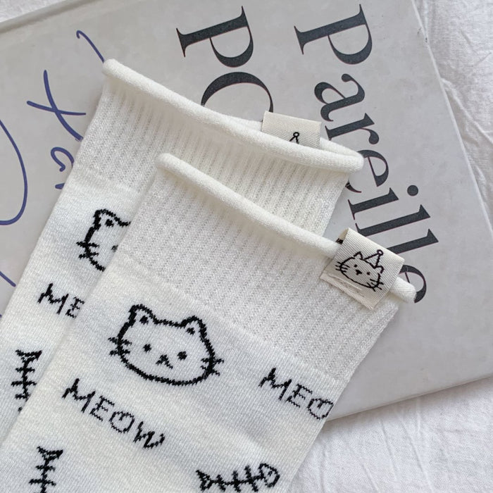 Calcetines Pecesitos Caras de Gatitos Blanco Meow