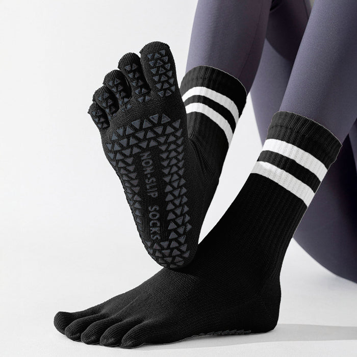 Calcetín Deportivo Yoga Antideslizante Ajustable Dedos Negro 2 rayas