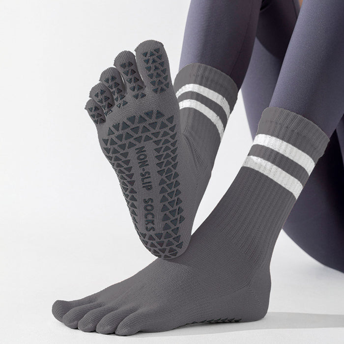 Calcetín Deportivo Yoga Antideslizante Ajustable Dedos Gris 2 Rayas