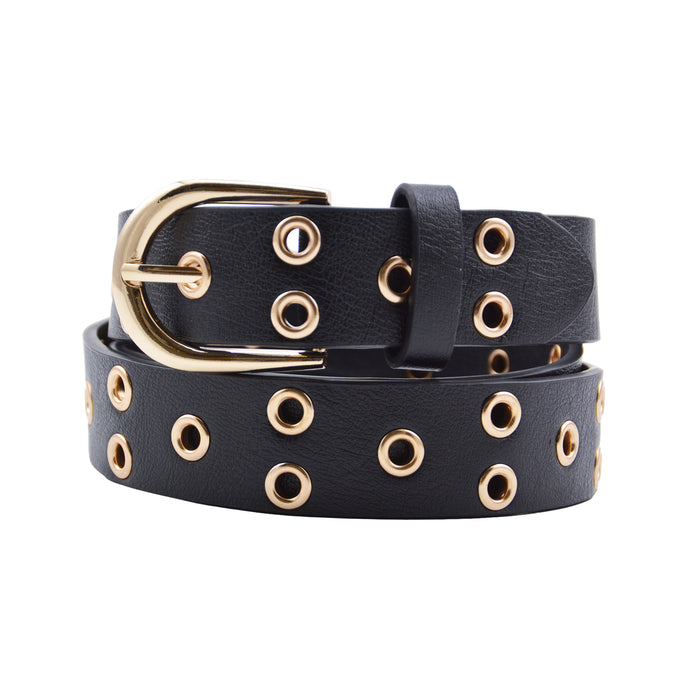 Cinturón Mujer Negro Hebilla Semi Redonda Tachas Doradas