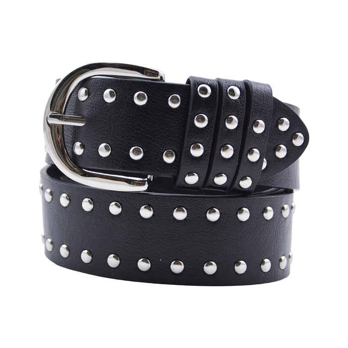 Cinturón Mujer Negro Hebilla Semi Redonda Tachas Plateadas