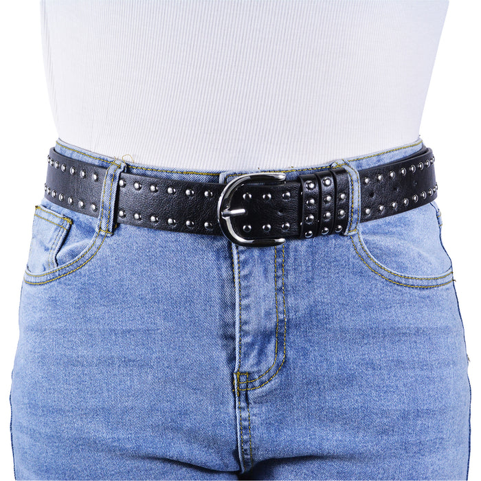 Cinturón Mujer Negro Hebilla Semi Redonda Tachas Plateadas
