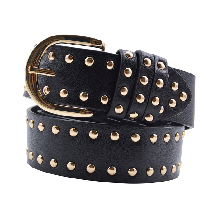 Cinturón Mujer Negro Hebilla Semi Redonda Tachas Doradas