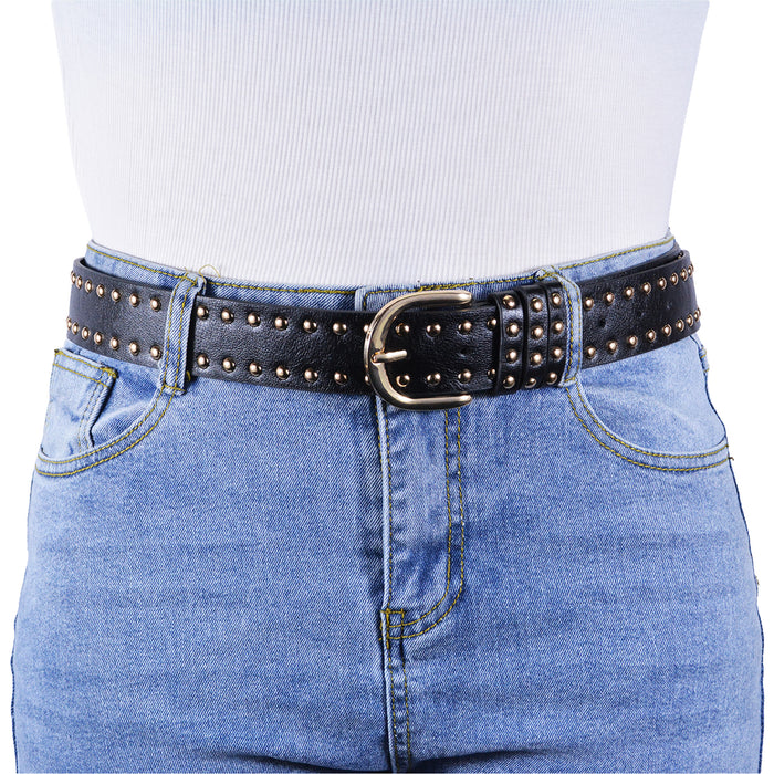 Cinturón Mujer Negro Hebilla Semi Redonda Tachas Doradas