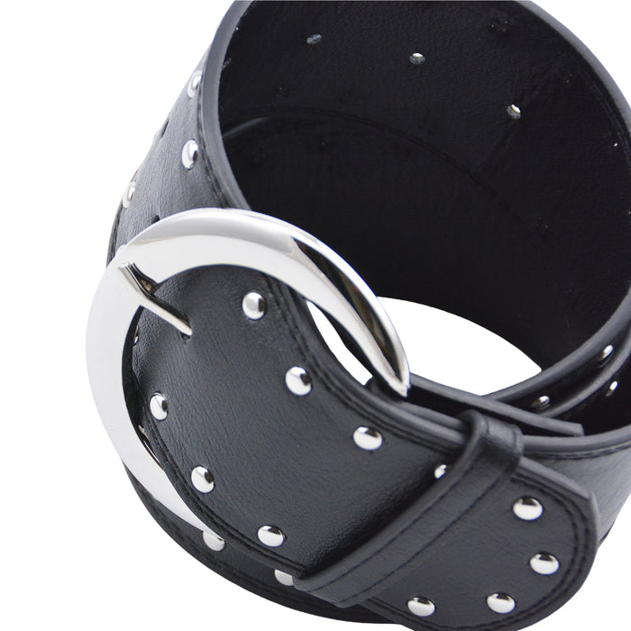 Cinturón Mujer Negro Hebilla Redonda Tachas Plateadas
