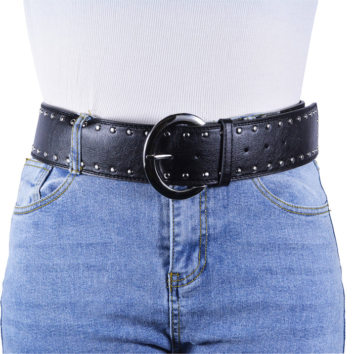 Cinturón Mujer Negro Hebilla Redonda Tachas Plateadas