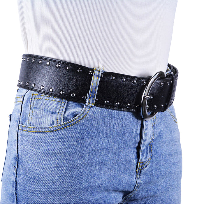 Cinturón Mujer Negro Hebilla Redonda Tachas Plateadas