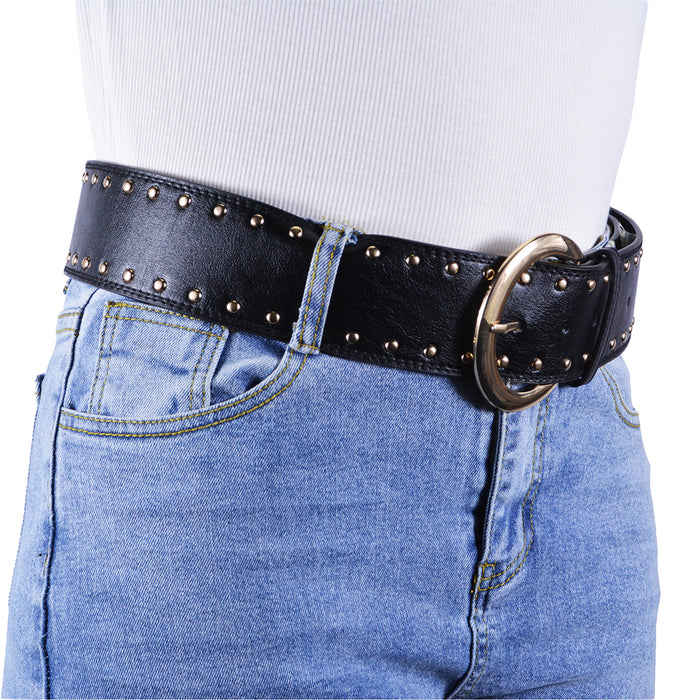 Cinturón Mujer Negro Hebilla Redonda Tachas Doradas