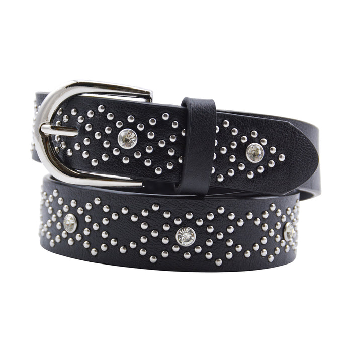 Cinturón Mujer Negro Hebilla Semi Redonda Tachas Plateadas
