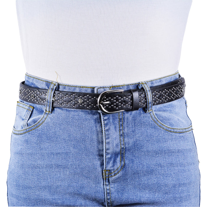 Cinturón Mujer Negro Hebilla Semi Redonda Tachas Plateadas