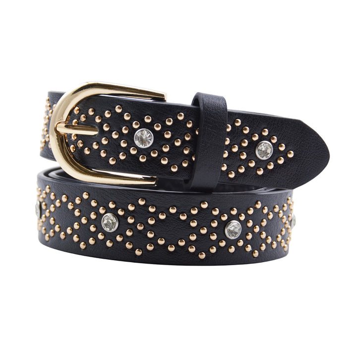 Cinturón Mujer Negro Hebilla Semi Redonda Tachas Doradas