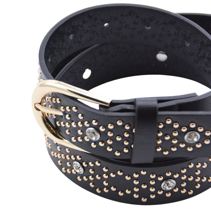 Cinturón Mujer Negro Hebilla Semi Redonda Tachas Doradas
