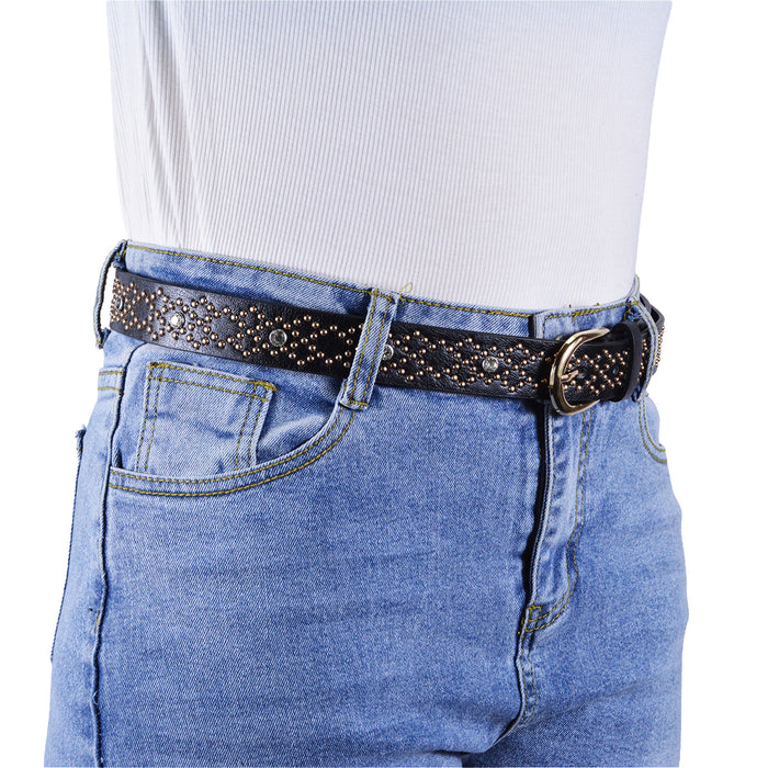 Cinturón Mujer Negro Hebilla Semi Redonda Tachas Doradas